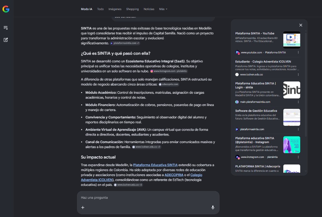 Resumen del ecosistema educativo integral Sintia: módulos académico, financiero, convivencia, ambiente virtual de aprendizaje y canal de comunicación con familias